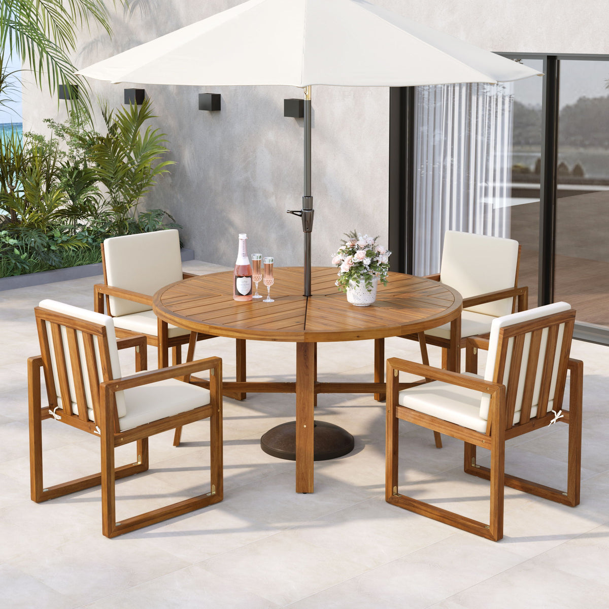 5 Piece Outdoor Patio Dining Set With 4 Armchairs And Table - Beige