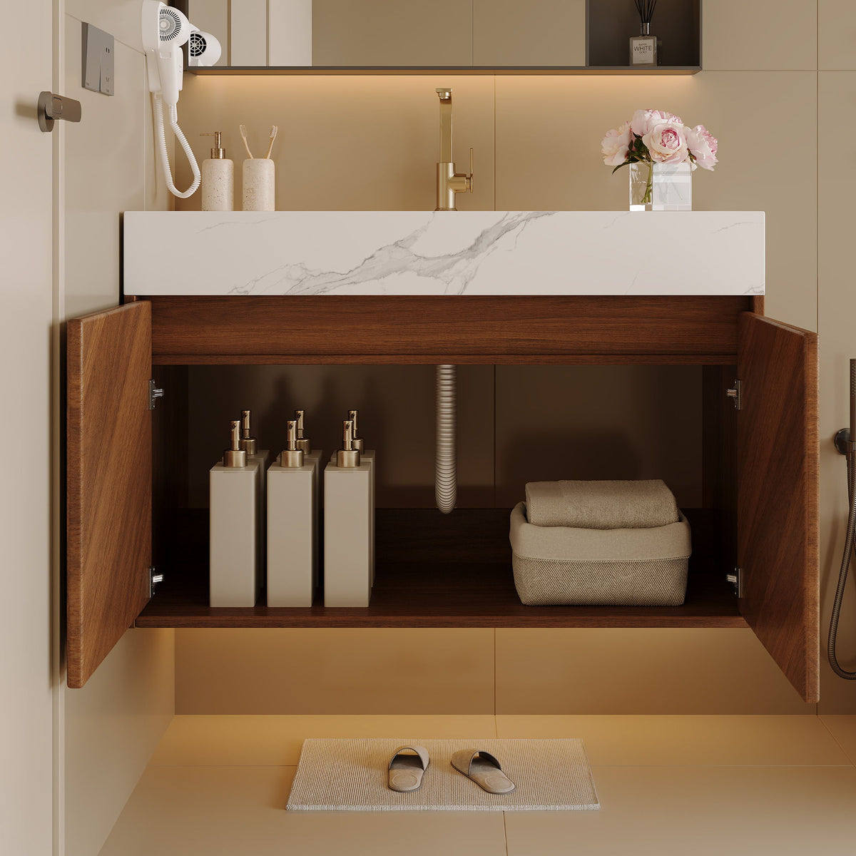 Wall Mounted Bathroom Vanity With Sink, Soft Close - Walnut / White