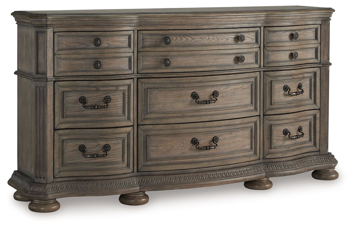 Ardenfield - 3 Pc. - Dresser, Mirror, King Upholstered Sleigh Bed - Light Brown