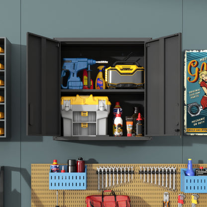 Metal Wall Mounted Tool Storage Cabinet With 2 Locking Doors, Adjustable Shelf, And Drawer