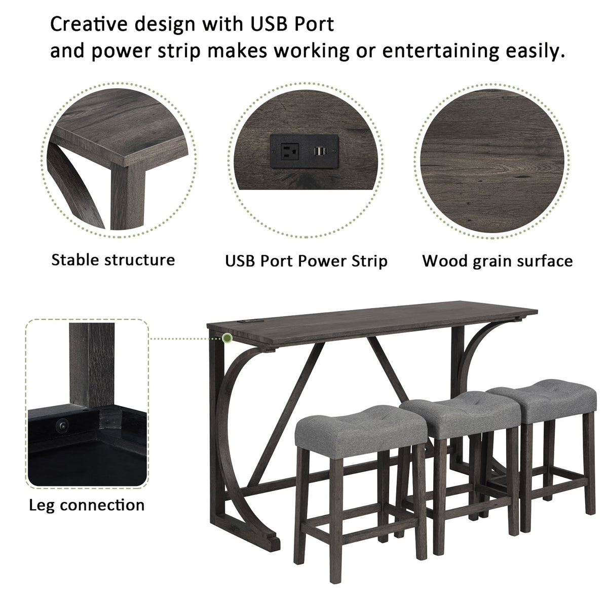 Bar Table Set With 3 Padded Stools