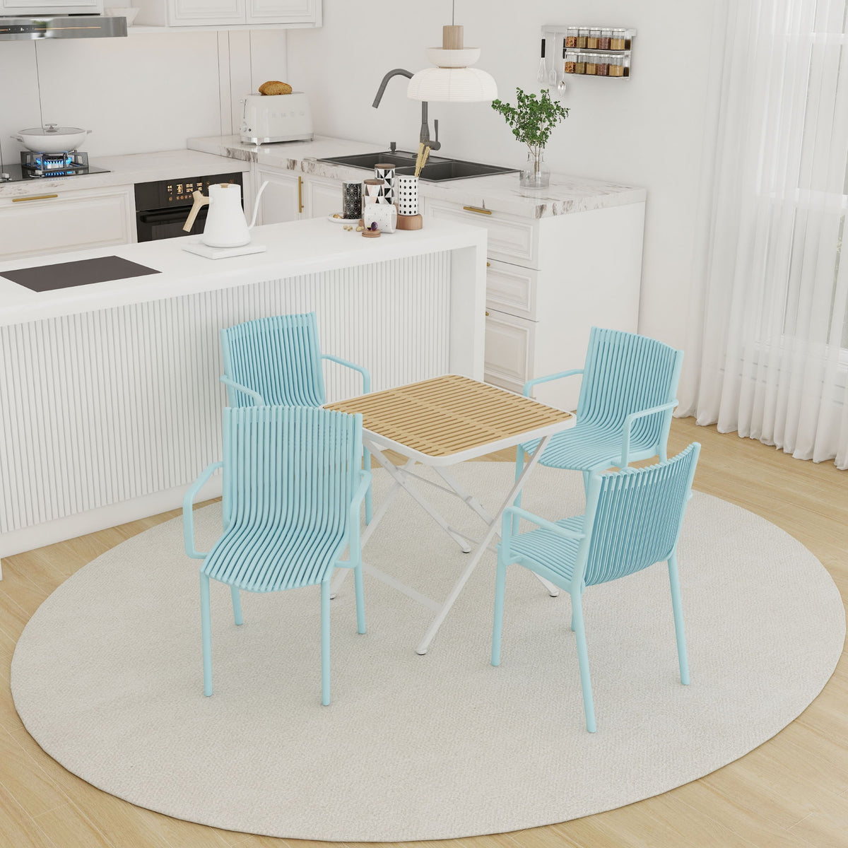 4 Modern Stackable Plastic Armchair Matched With Folding Square Table