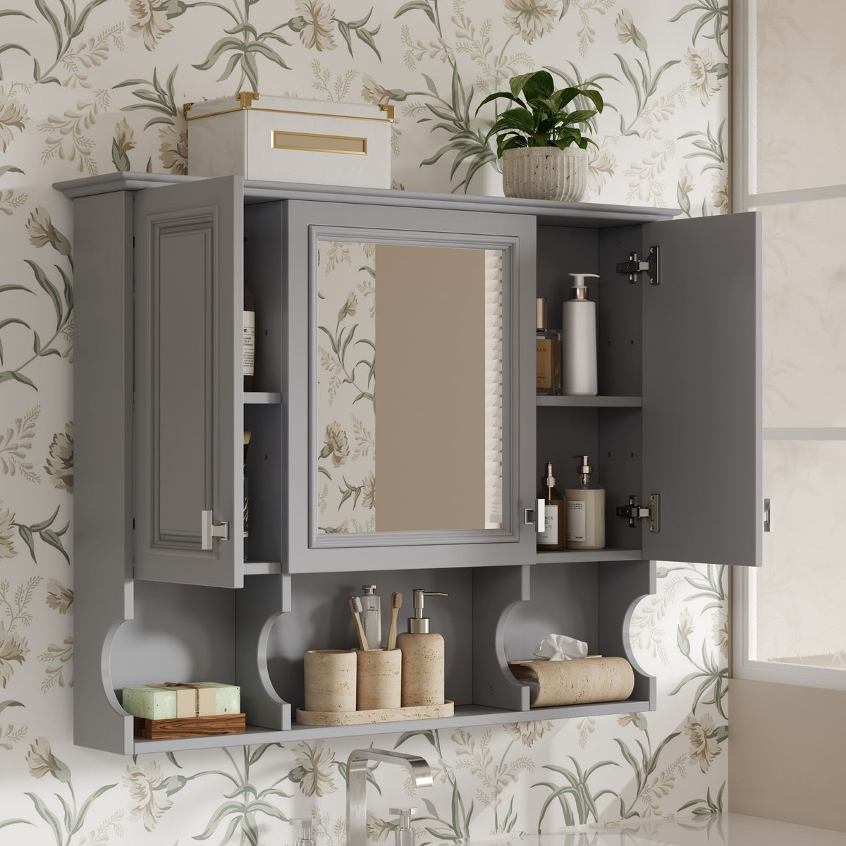 Wall Mounted Bathroom Medicine Wall Cabinet With Mirror & Open Shelves