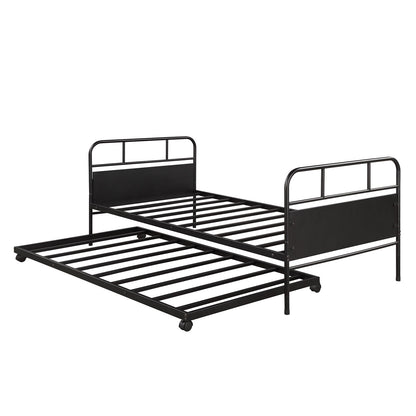 Twin Size Daybed Platform Bed Frame With Trundle Built In Casters - Black