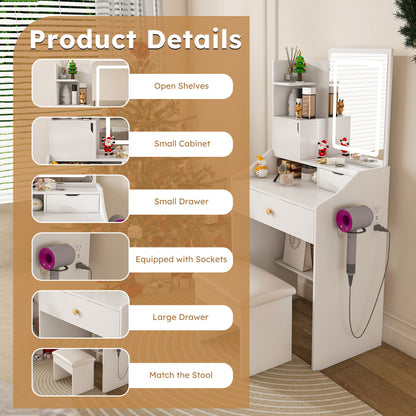 3 Color LED Vanity Mirror With Stool, 2 Drawers & 5 Storage Cabinets, Adjustable Lighting - White
