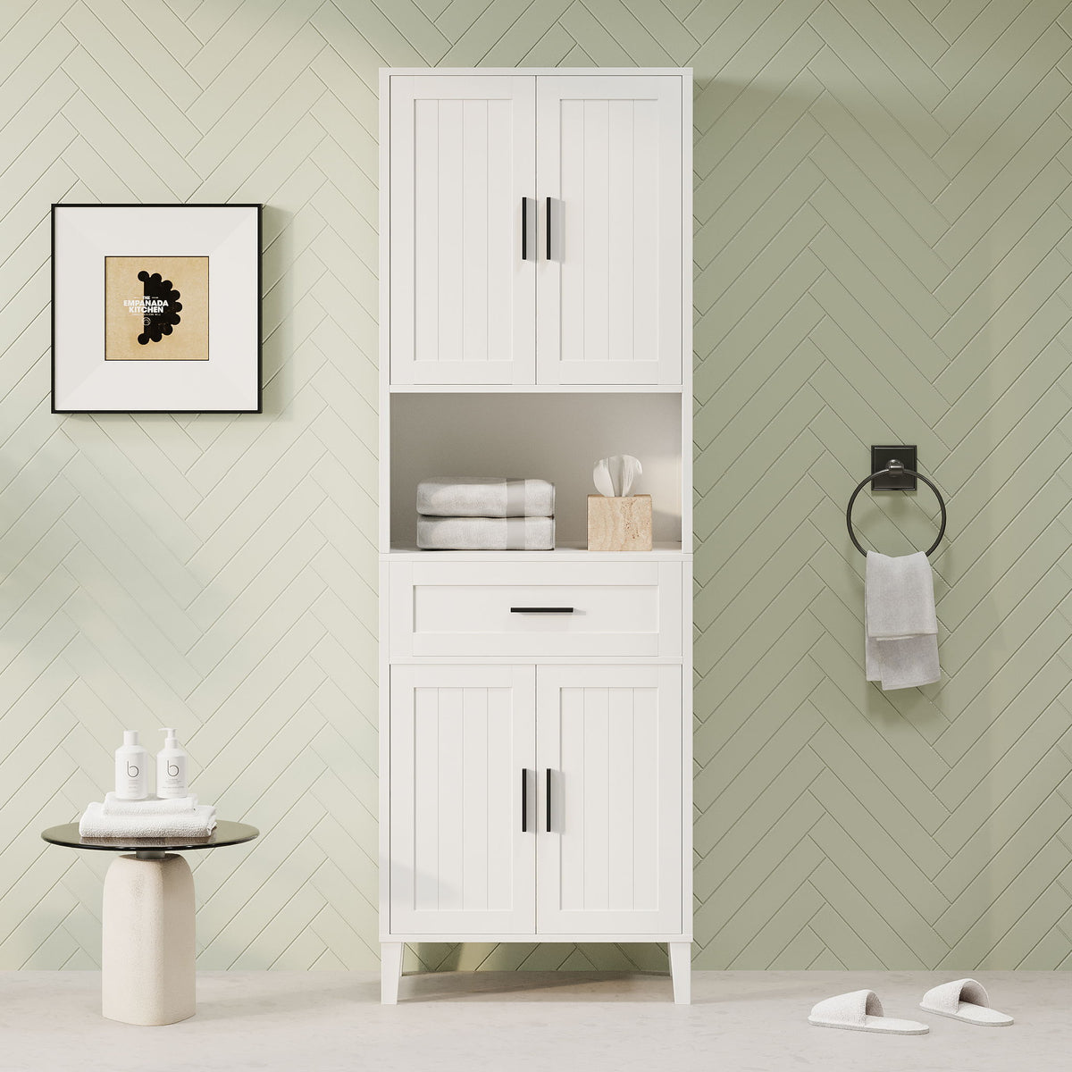 Freestanding Tall Bathroom Cabinet With Soft Close Doors And Adjustable Shelves