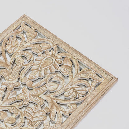 Floral Hand Carved Mandala Rectangle Wall Decor With Mirror - Antique Brown / White