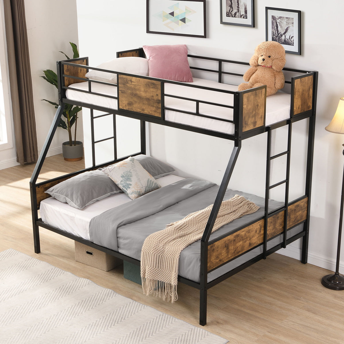 Modern Metal Bunk Bed With Side Ladders And Guardrail