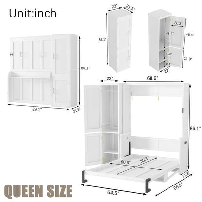 Queen Size Murphy Bed With Wardrobe, Space-Saving Hidden Wall Bed With Desk And Charging Station - White