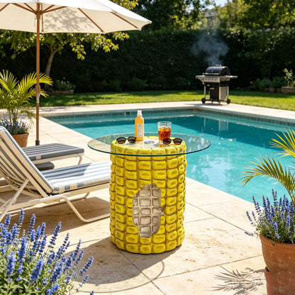 Whimsical Corn Cob Side Table With Glass Top, Accent Furniture For Indoor & Outdoor Use - Yellow