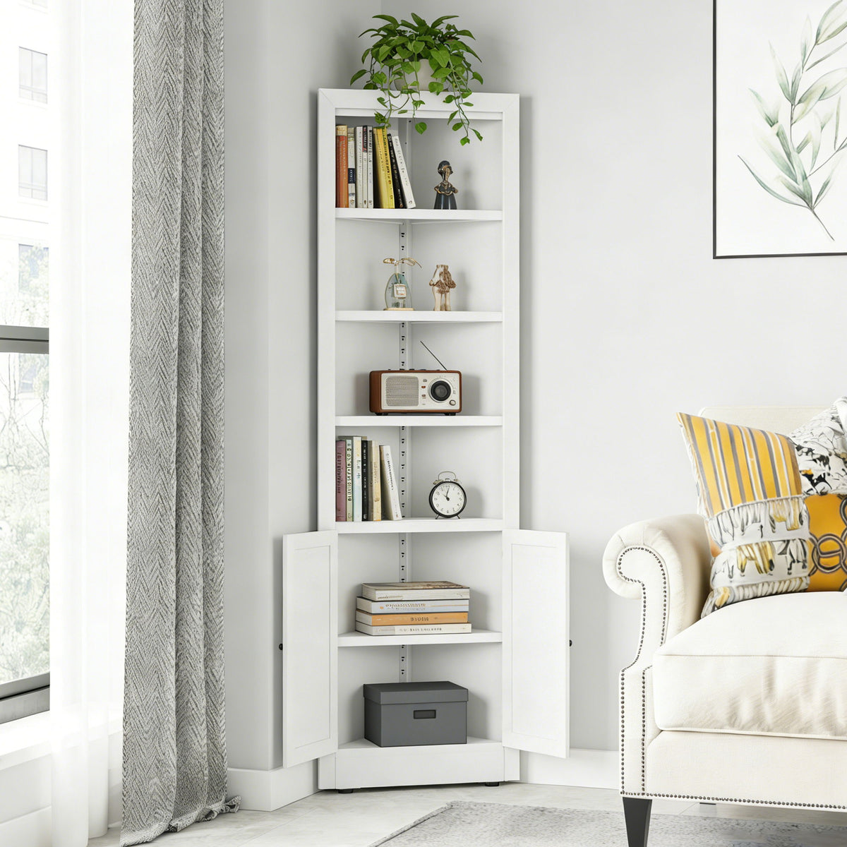 Tall Corner Storage Cabinet With 2 Doors, 5-Tier With Adjustable Shelve, Freestanding - White
