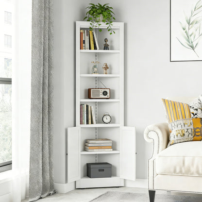 Tall Corner Storage Cabinet With 2 Doors, 5-Tier With Adjustable Shelve, Freestanding - White