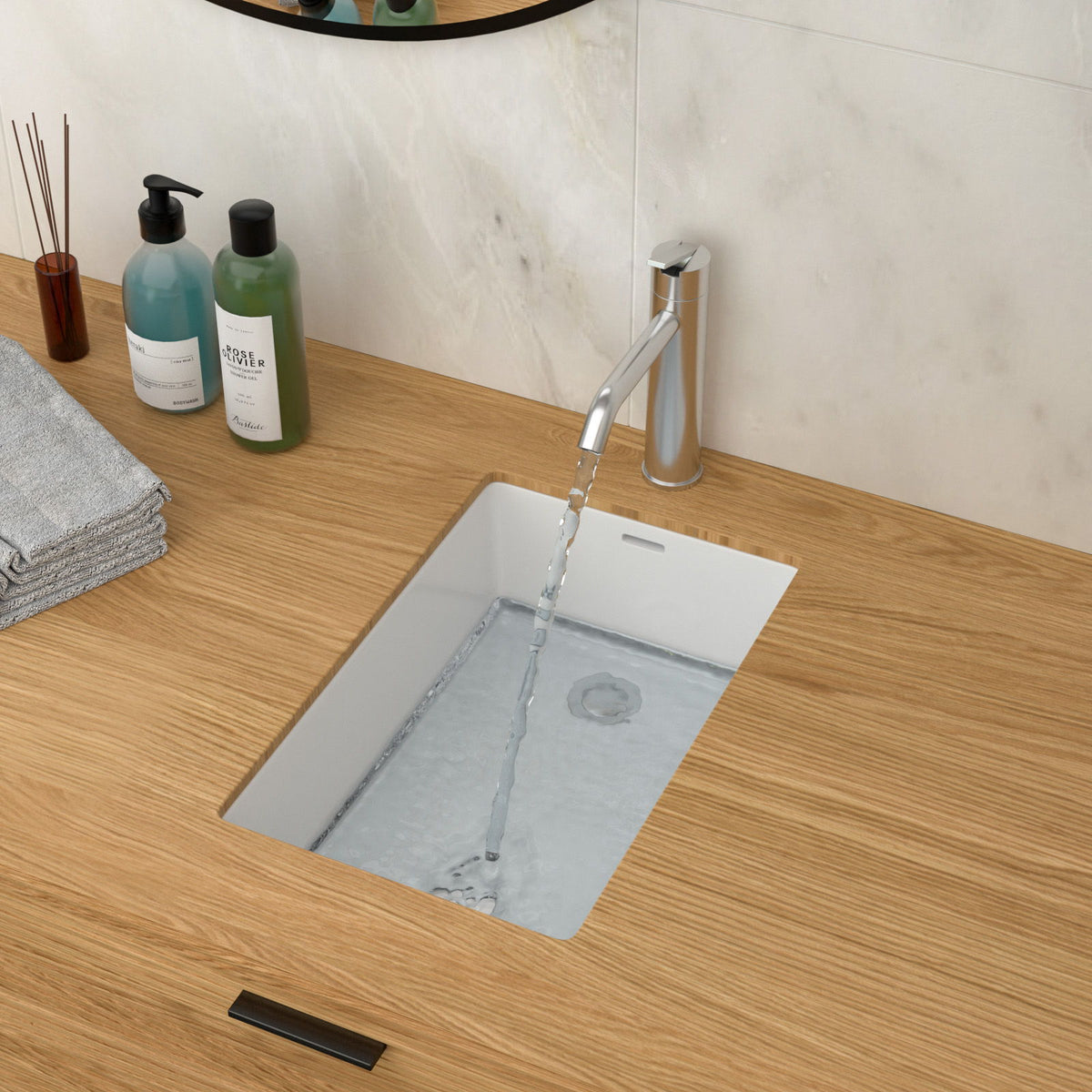 Vertical Undermount Bathroom Sink With Overflow - White