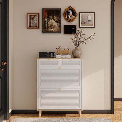 Modern Freestanding Shoe Cabinet With Flip Up Doors And Drawers, Compact Design For Entryway - White Natural