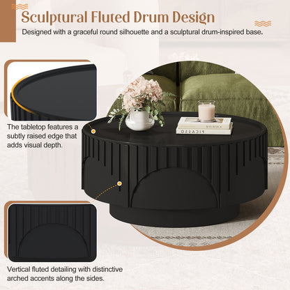 Round Fluted Drum Coffee Table With Sturdy Base For Living Room