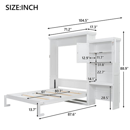 Queen Size Murphy Bed With Louvered Design And Multiple Storage Shelves - White