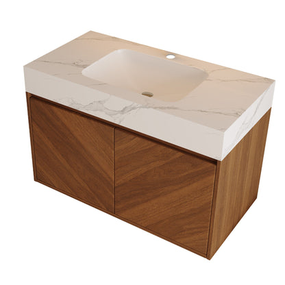 Wall Mounted Bathroom Vanity With Sink, Soft Close - Walnut / White