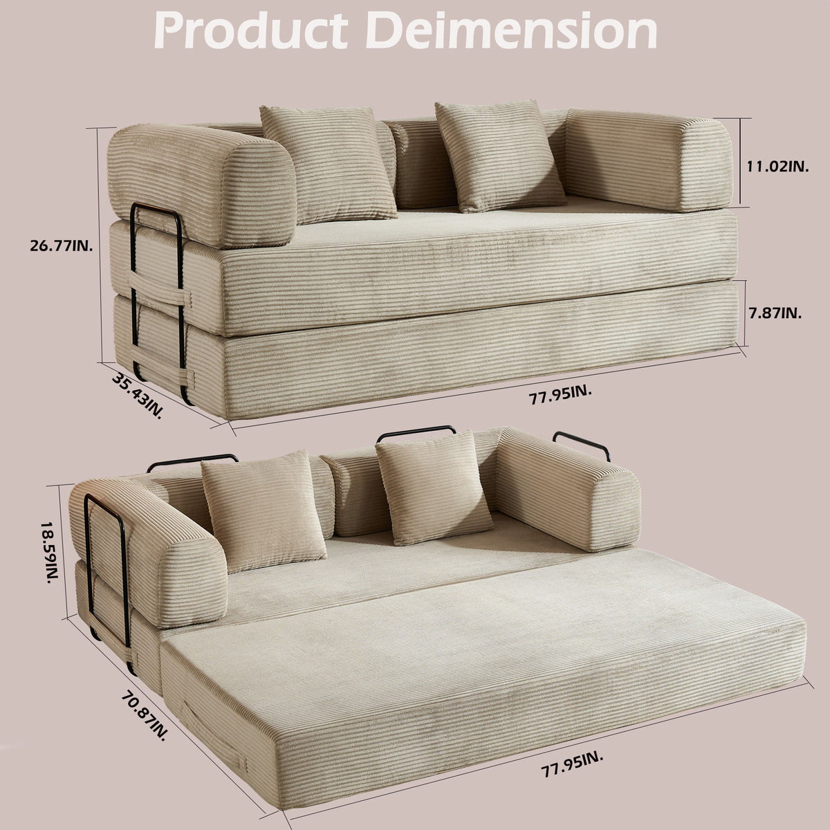 Convertible Sleeper Sofa Bed With Cylindrical Pillow, With Fixed Shape Frame