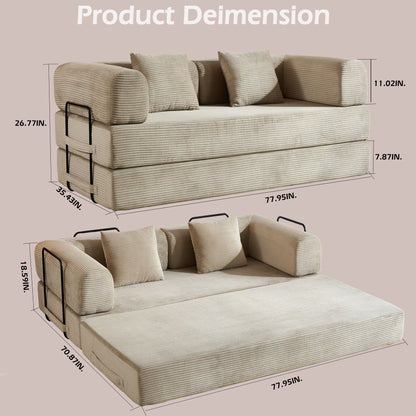 Convertible Sleeper Sofa Bed With Cylindrical Pillow, With Fixed Shape Frame