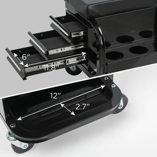 Rolling Creeper Garage Seat With 3 Built In Drawers, Rolling Tool Chest For Shop Or Garage - Black