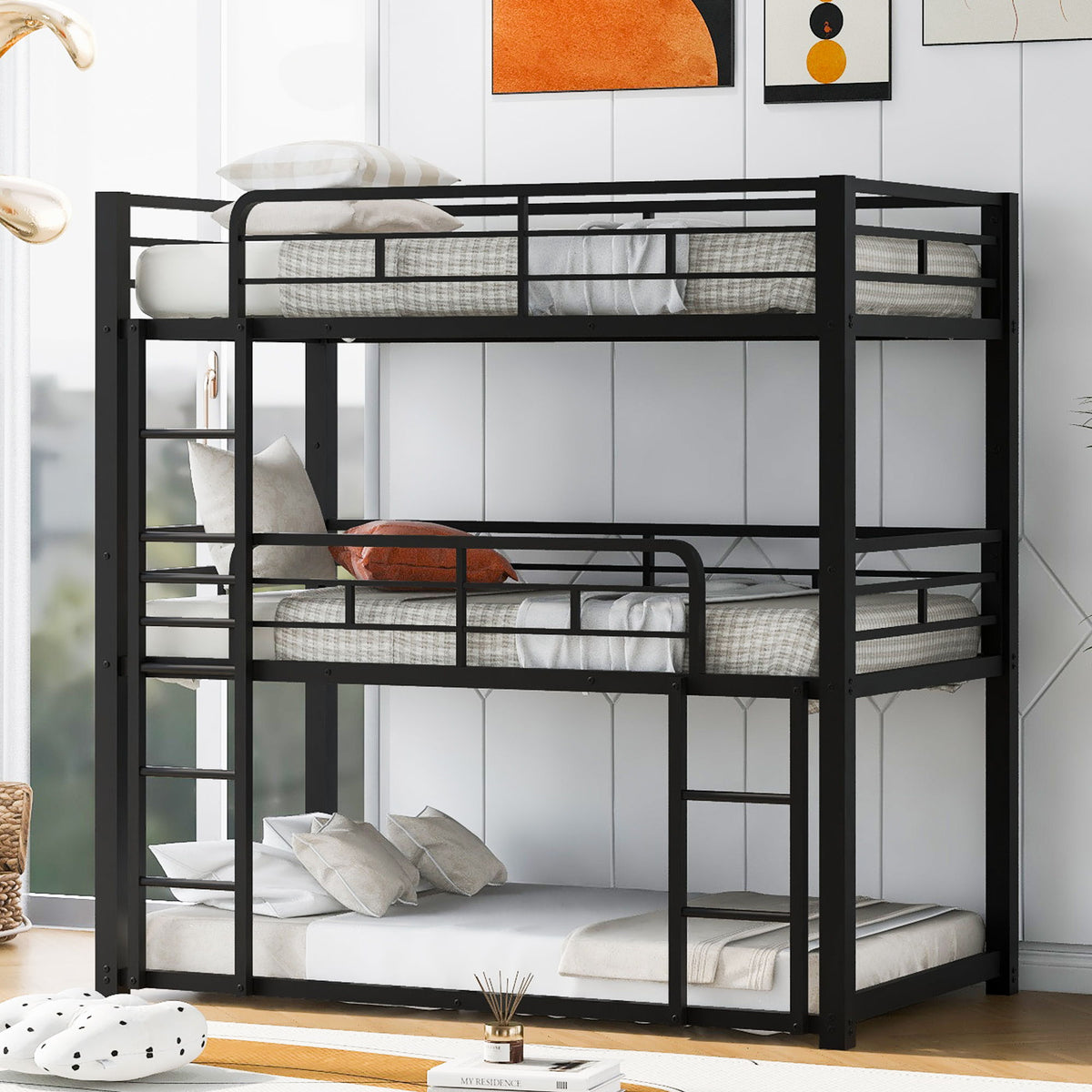 Triple Bunk Bed With Sturdy Construction And Space Saving Design