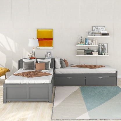 L Shaped Platform Bed With Trundle And Drawers Linked With Built In Desk