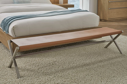 One - Modern Coastal Director's Style Leather Bench - Cognac And Brushed Stainless Steel