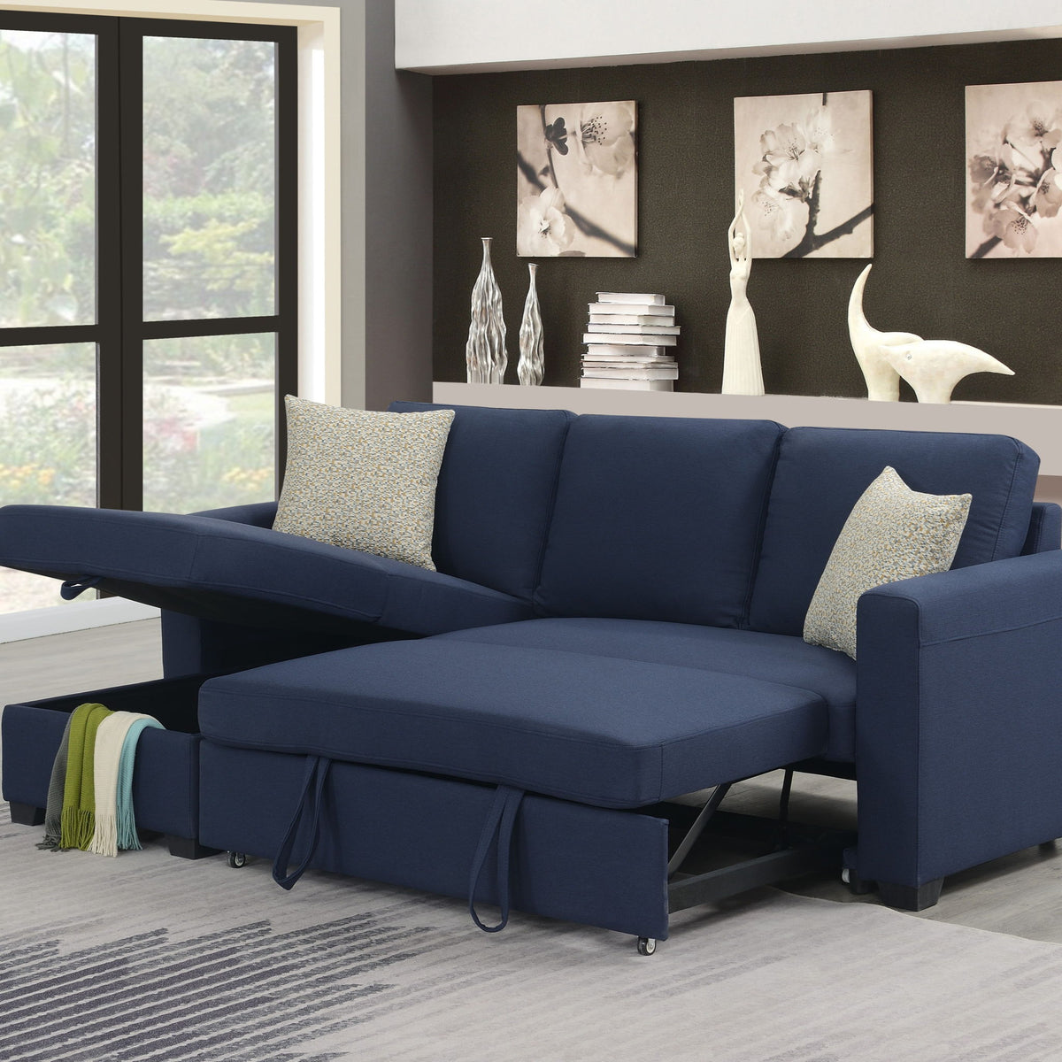 Reversible Sectional With Pop Up Sleeper And Hidden Storage Chaise - Navy