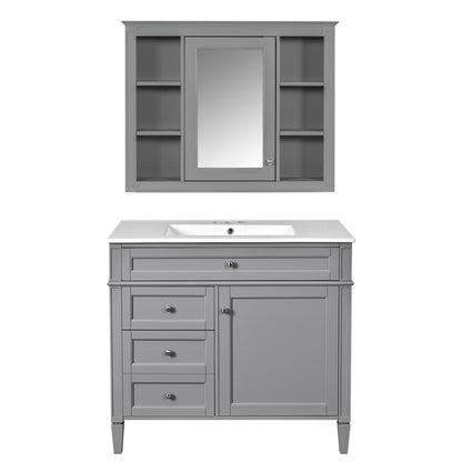 Bathroom Vanity With Mirror Cabinet, Single Sink With 2 Soft Closing Doors And 4 Drawers