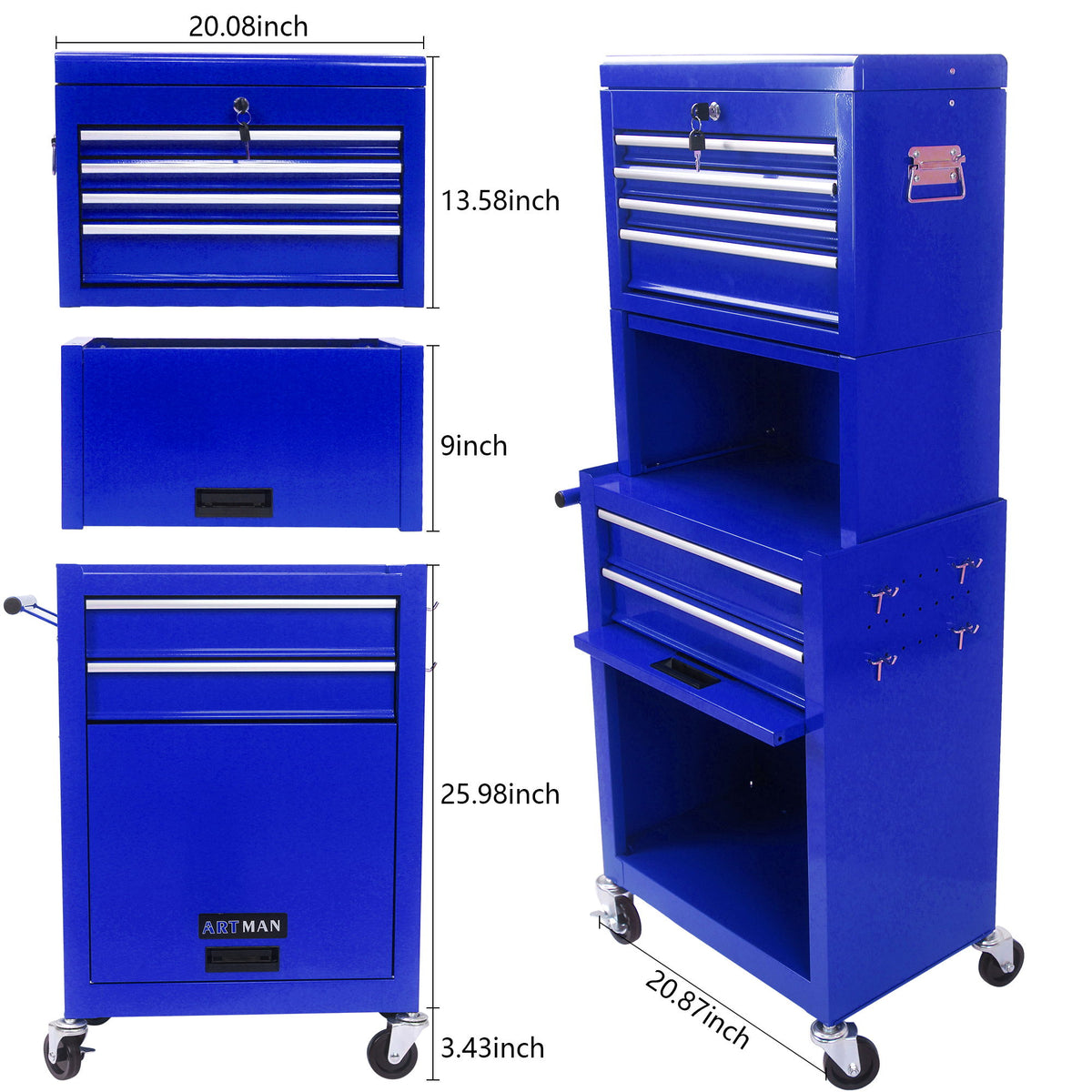 6 Drawer Lockable Tool Cabinet On Wheels, Steel Rolling Tool Chest With Detachable Toolbox