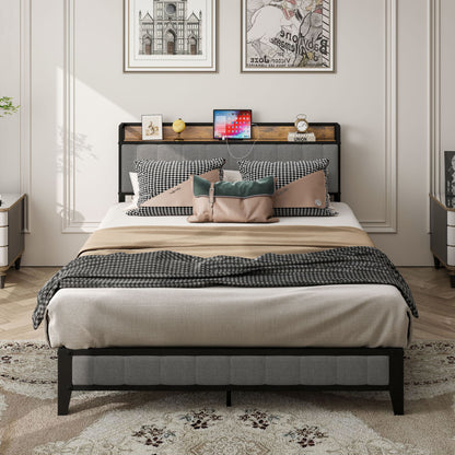 Bed With Charging Station, American Design Upholstered Headboard, Metal Platform