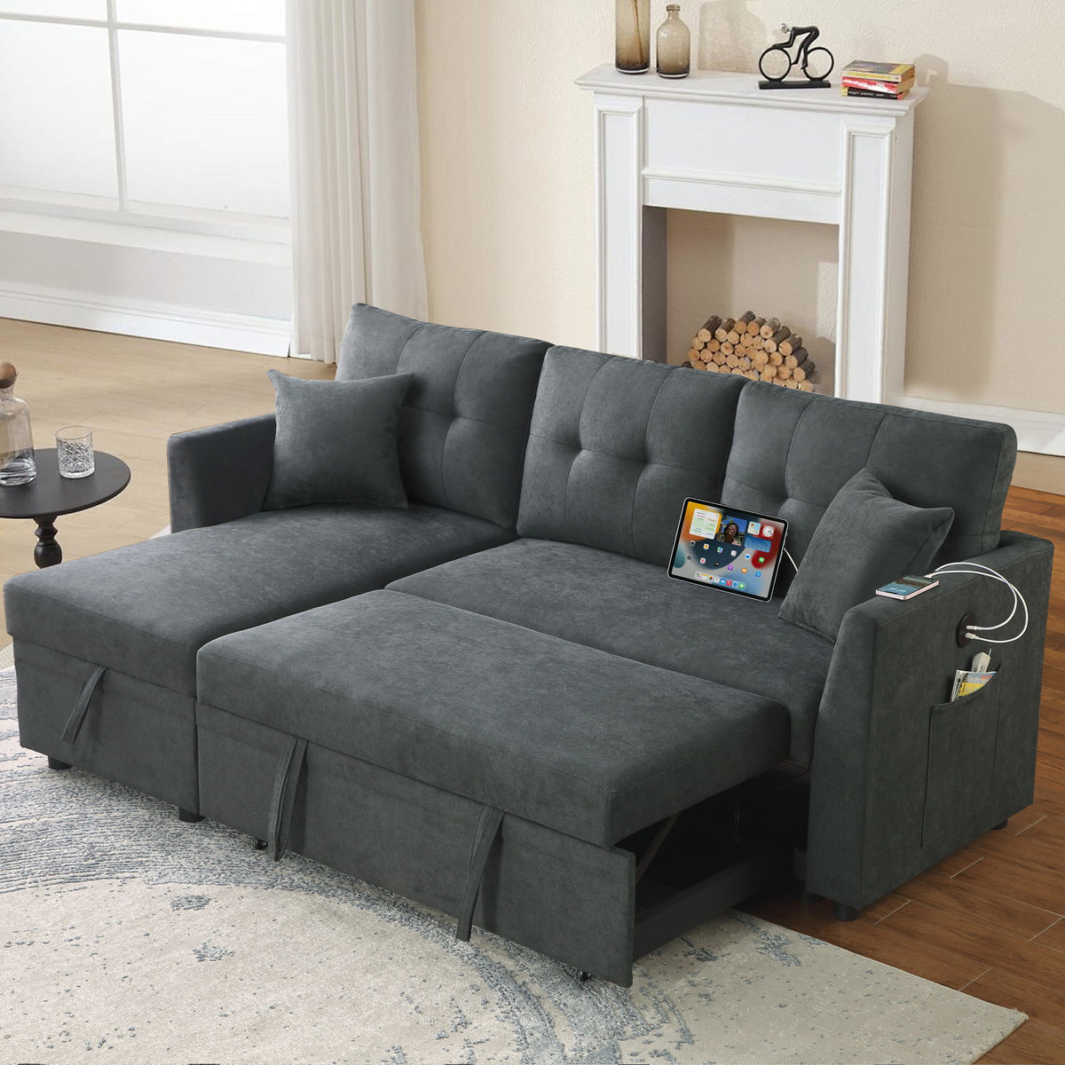 Sectional Sofa Bed L Shaped Sofa Couch Bed With USB Port, Reversible Chaise With Storage
