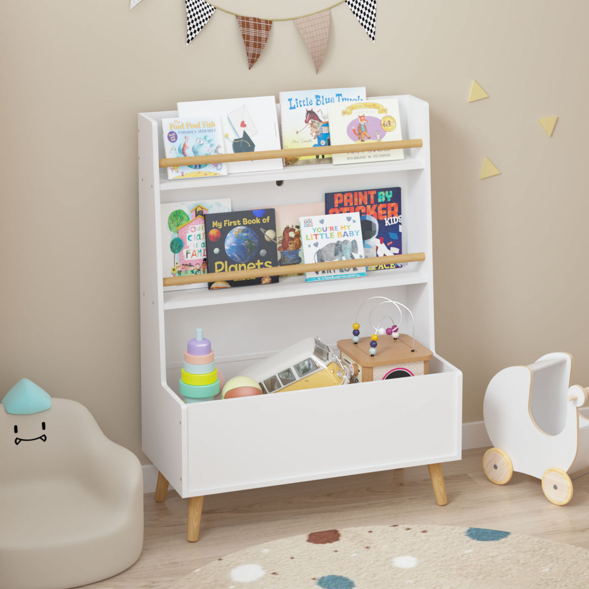 Bookshelf , Book Organizer With Toy Storage - White