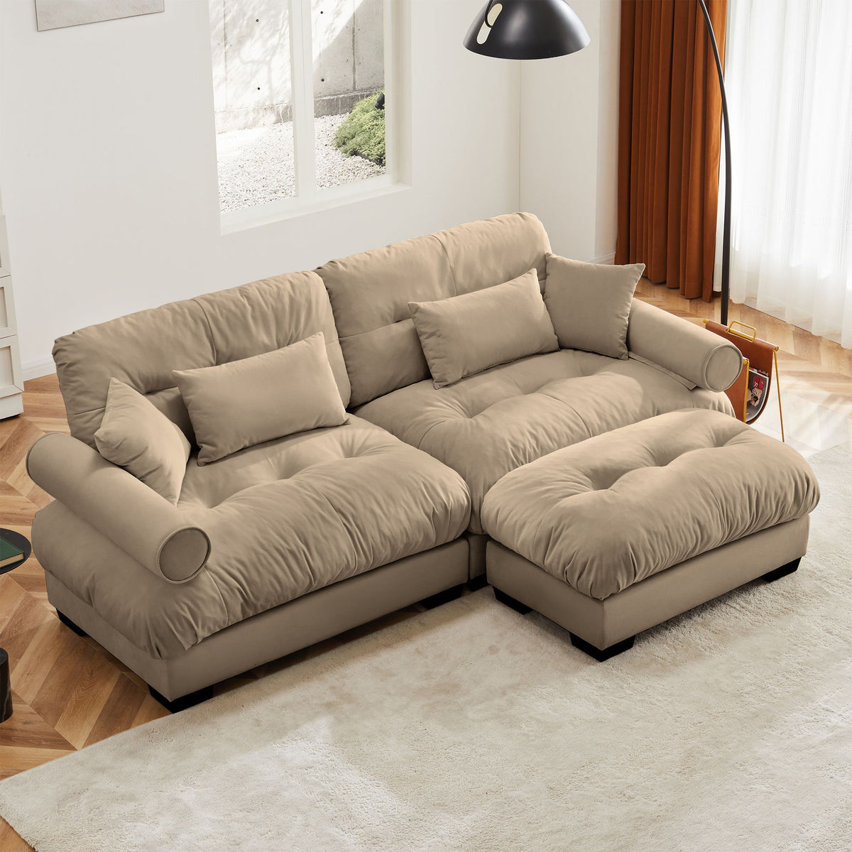 Modern Sectional Sofa With Ottoman, Round Bolster Armrests, Waist And Throw Pillows