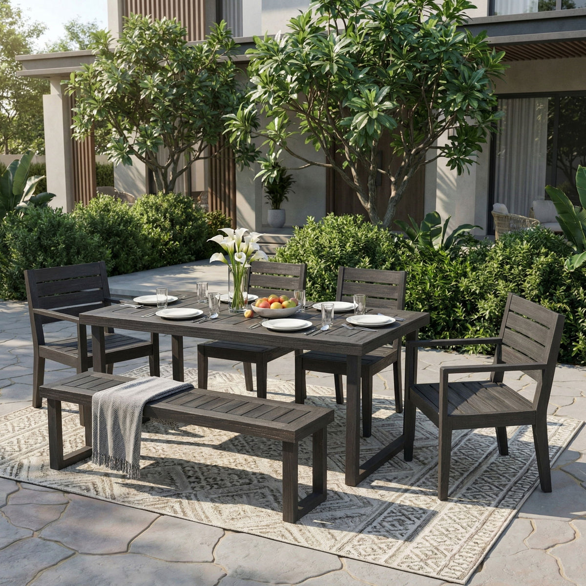 Outdoor 6 Seater Dining Set With Bench - Dark Gray / Light Gray