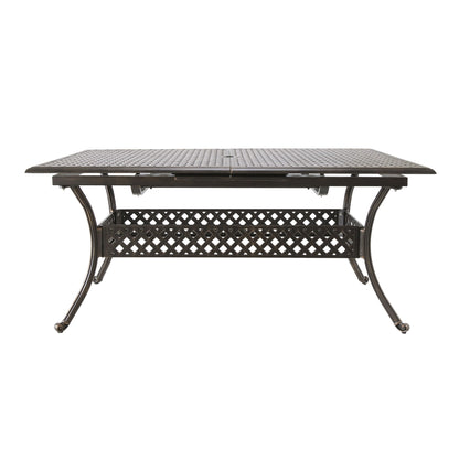 Outdoor Expandable Dining Table With Umbrella Holder, Lattice Pattern And Curved Legs - Black