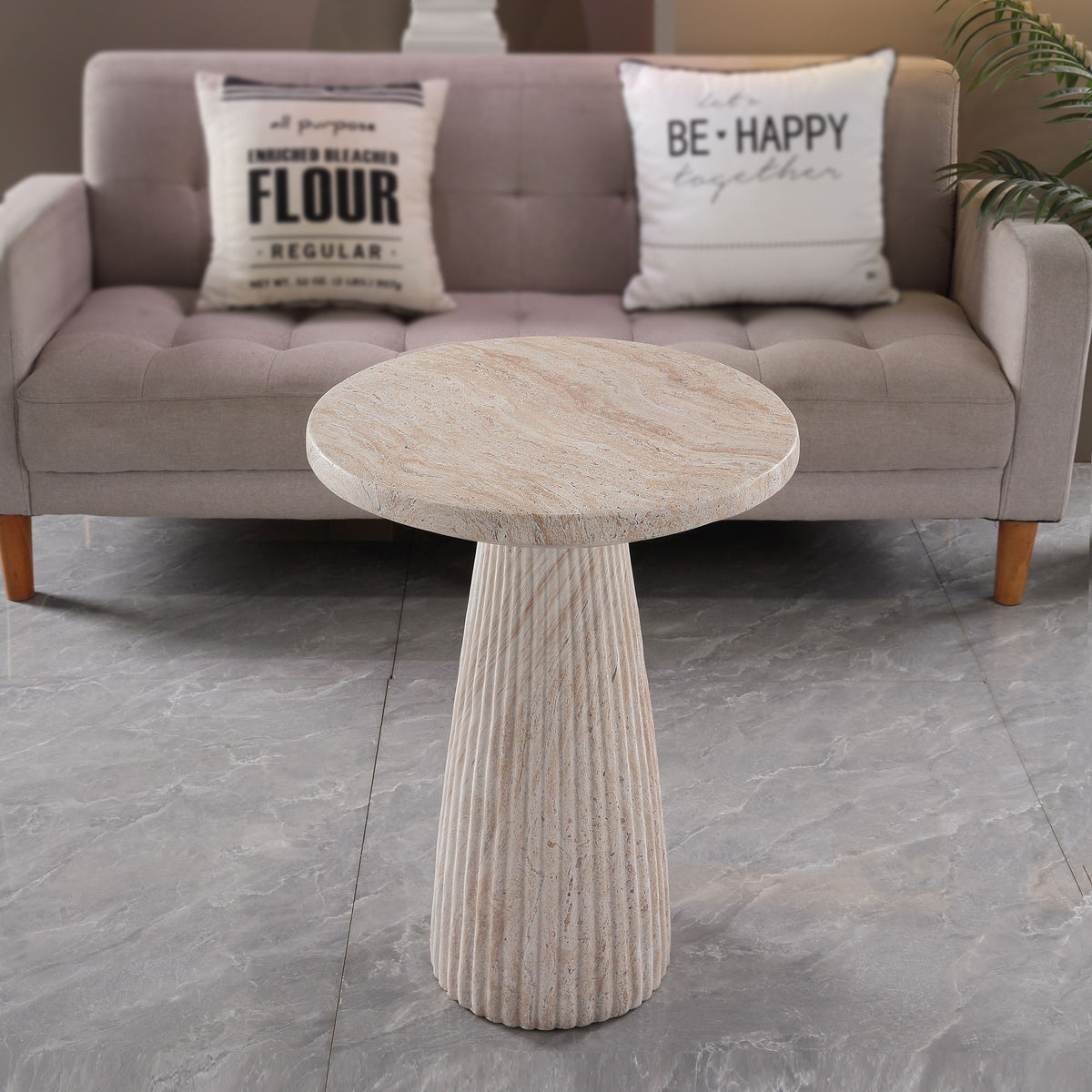 Fluted Pedestal Round Coffee Table - Beige / Yellow