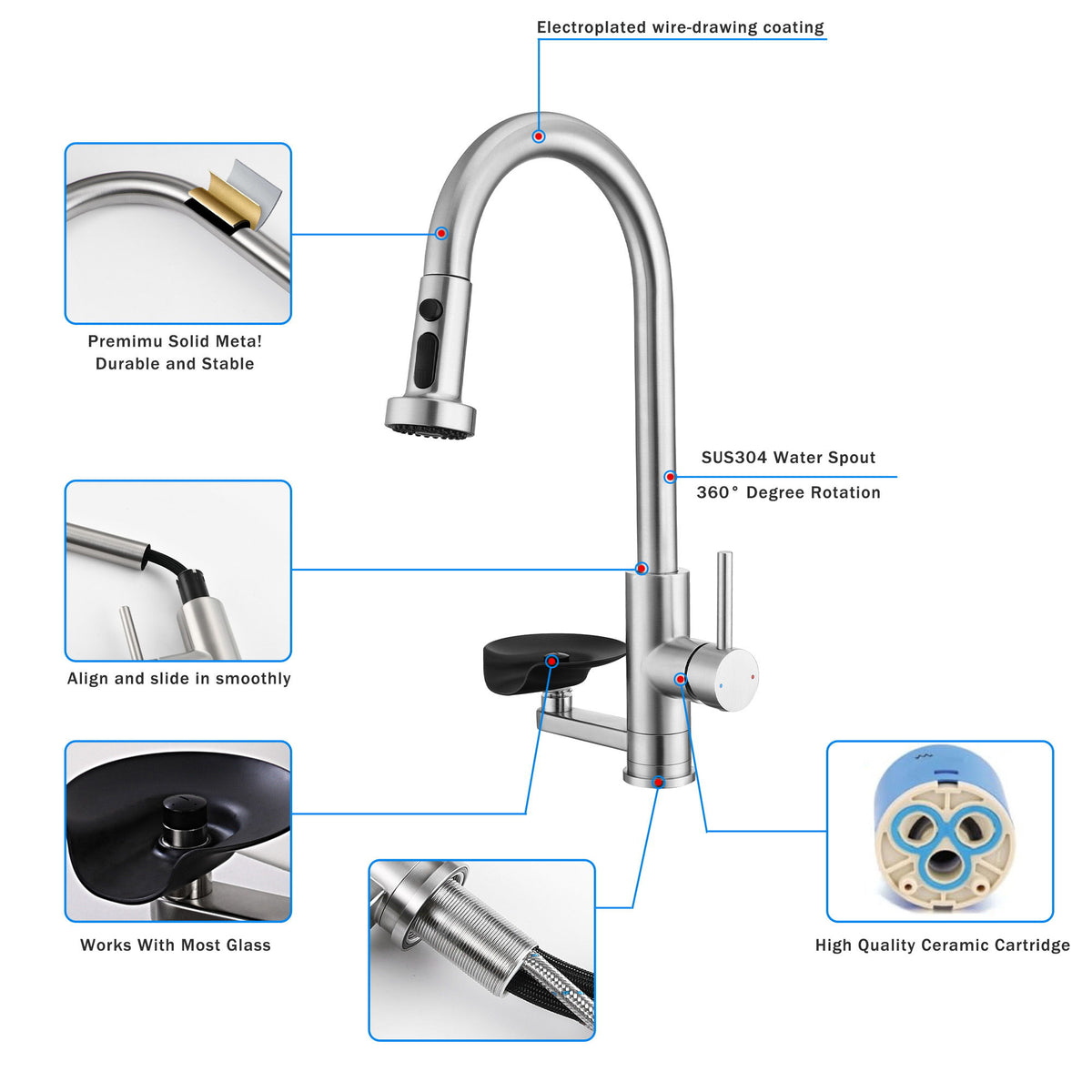 3 In 1 Kitchen Faucet With Press Type Glass Rinser, High Arc Pull Down Sprayer