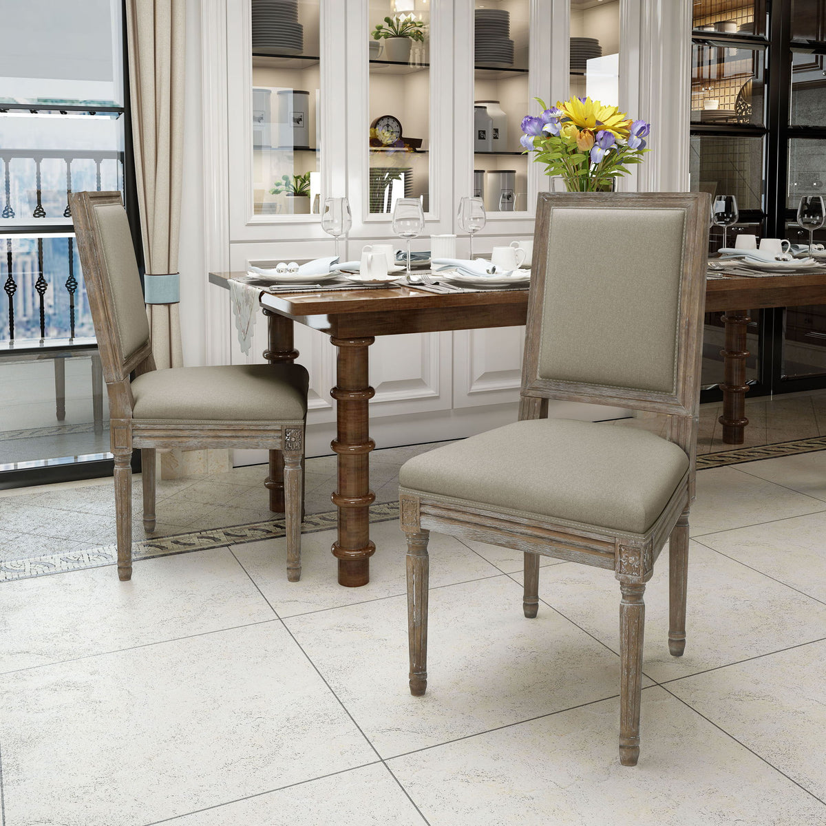 Traditional Style Dining Chair Set With Fabric Upholstery