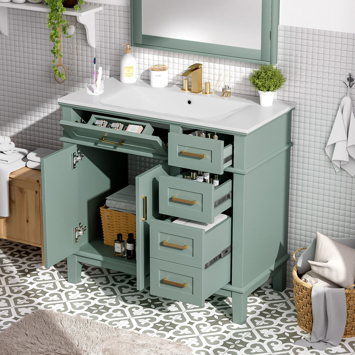 Bathroom Vanity With Sink, Soft Close Doors, 4 Storage Drawers