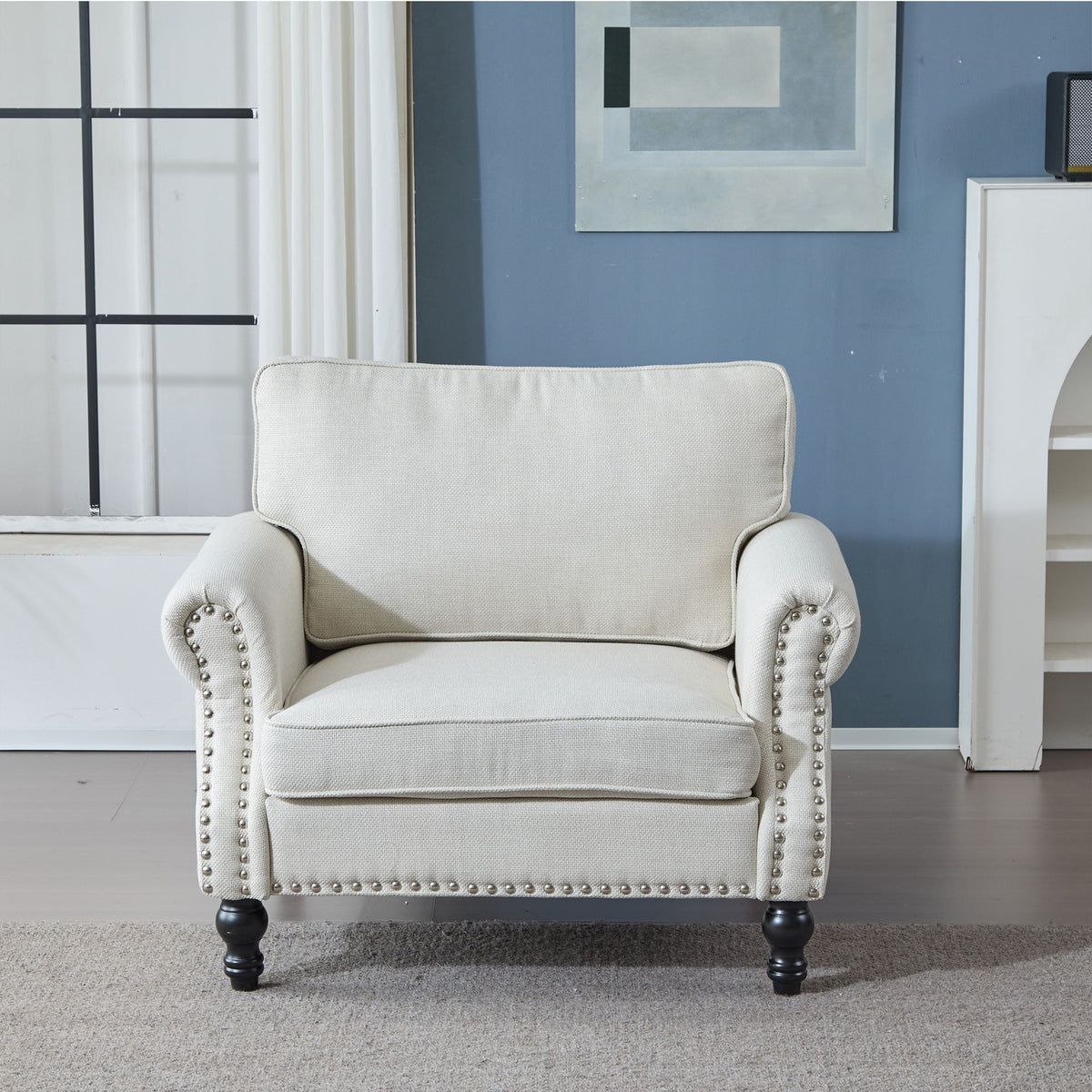 Rolled Arm Sofa With Nailhead Trim, 1 Seater Upholstered Couch With Wooden Legs