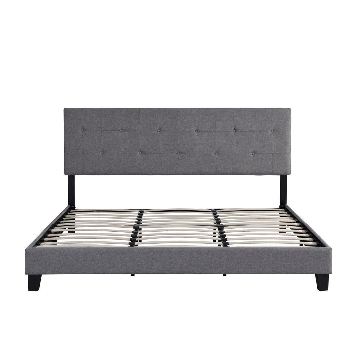 King Size Upholstered Platform Bed Frame With Button Tufted Fabric Headboard, No Box Spring Needed, Wood Slat Support