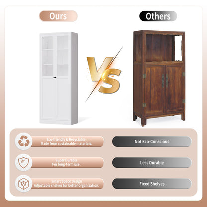 Tall Metal Kitchen Pantry Cabinet With Adjustable Shelves And Silent Magnetic Doors - White