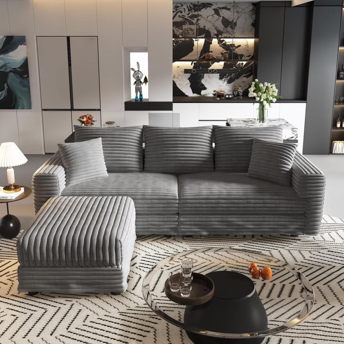 Deep Seat Convertible Sofa With Soft Pillows And Ottomans