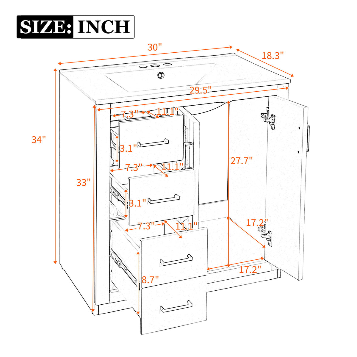 Ceramic Sink Combo, Freestanding Vanity Set With 3 Drawers & Soft Closing Doors
