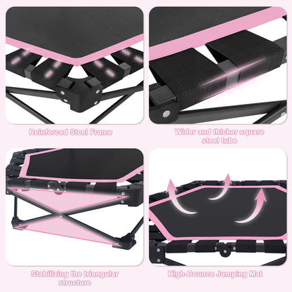 Foldable Mini Trampoline, 1 Step Fold & Open, 3 Level Adjustable T - Bar, Indoor & Outdoor Workout - Black / Pink