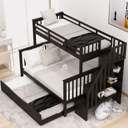 Bunk Bed With Twin Size Trundle, Storage And Guard Rail For Bedroom