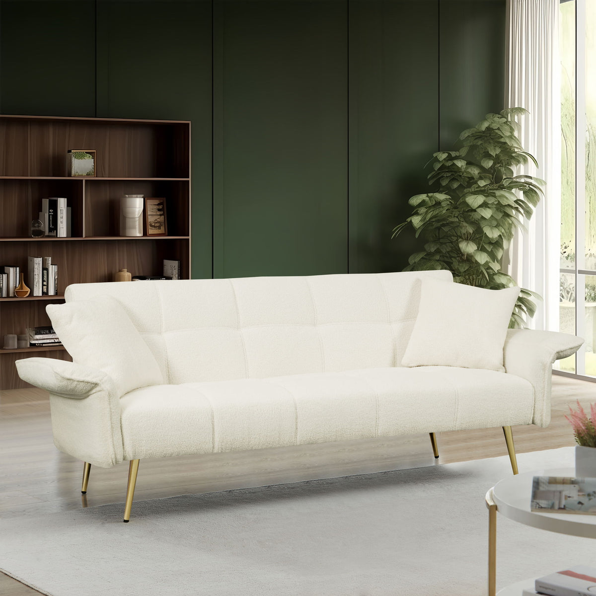 Convertible Double Futon Sofa Bed With Folding Armrests For Living Rooms