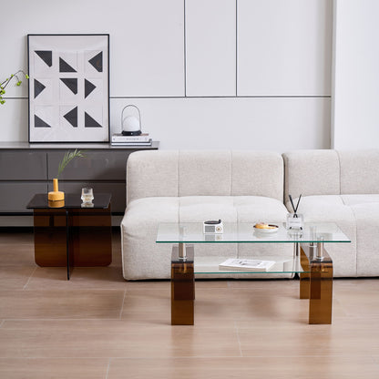 Modern Tempered Glass Coffee Table With 2 Tier Storage For Living Room