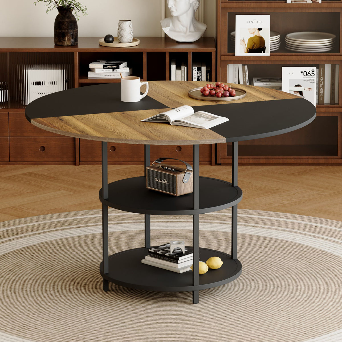 Diameter - Modern Splicing Circular Dining Table Double Layer Storage - Wood / Black